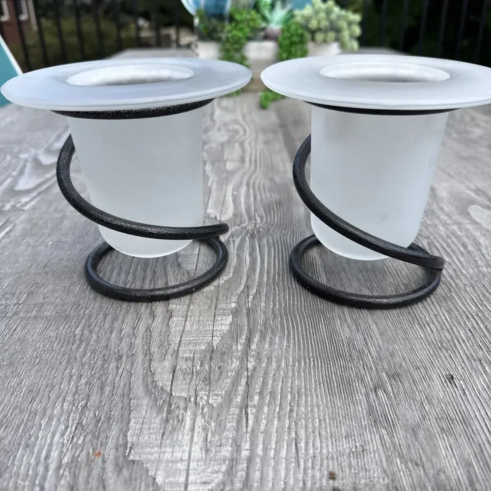 Pair Of Wrought Iron Decorative Candle Holders Frosted Glass